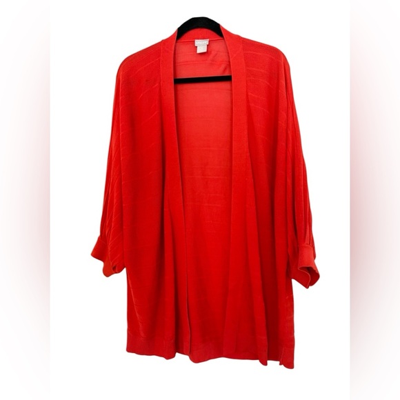 Chicos Cardigan Sweater Sz 2 L Open Front Orange Spice Faux Pleat EUC - Picture 1 of 5